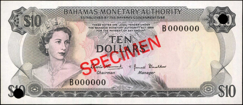 BAHAMAS. Bahamas Monetary Authority. 10 Dollars, 1968. P-30s. Specimen. Uncircul...
