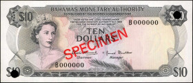 BAHAMAS. Bahamas Monetary Authority. 10 Dollars, 1968. P-30s. Specimen. Uncirculated.
Flamingoes are seen on the reverse of this 10 Dollars Bahamas s...