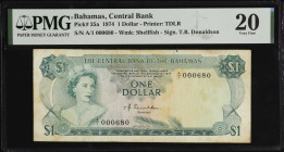 BAHAMAS. The Central Bank of the Bahamas. 1 Dollar, 1974. P-35a. Three Digit Serial Number. PMG Very Fine 20.
PMG comments "Stains".
Estimate $75.00...