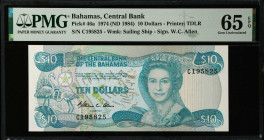 BAHAMAS. The Central Bank of the Bahamas. 10 Dollars, 1974 (ND 1984). P-46a. PMG Gem Uncirculated 65 EPQ.
Estimate $200.00 - $400.00