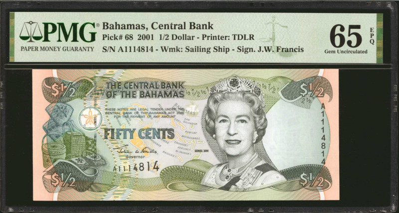 BAHAMAS. Lot of (2). The Central Bank of the Bahamas. 1/2 Dollar, 2001. P-68. Co...