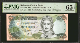 BAHAMAS. Lot of (2). The Central Bank of the Bahamas. 1/2 Dollar, 2001. P-68. Consecutive. PMG Gem Uncirculated 65 EPQ & 66 EPQ.
A duo of Gem consecu...