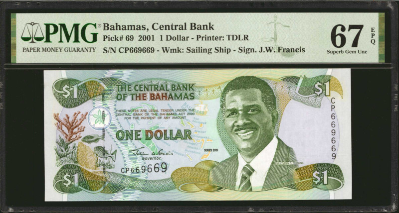 BAHAMAS. The Central Bank of the Bahamas. 1 Dollar, 2001. P-69. Repeater Serial ...