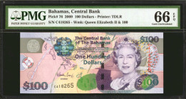 BAHAMAS. The Central Bank of the Bahamas. 100 Dollars, 2009. P-76. PMG Gem Uncirculated 66 EPQ.
Printed by TDLR. Watermark of Queen Elizabeth II & 10...