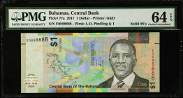 BAHAMAS. Central Bank of The Bahamas. 1 Dollar, 2017. P-77a. Solid Serial Number. PMG Choice Uncirculated 64 EPQ.
Estimate $200.00 - $400.00