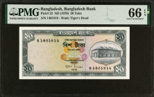 BANGLADESH. Bangladesh Bank. 20 Taka, ND (1979). P-22. PMG Gem Uncirculated 66 EPQ.
PMG comments "Staple Holes at Issue". 
Estimate $50.00 - $75.00