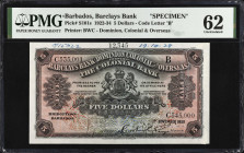 BARBADOS. Barclays Bank Dominion, Colonial & Overseas. 5 Dollars, 1928. P-S101s. Specimen. PMG Uncirculated 62.
Dated November 1st, 1928. Code letter...