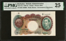 BARBADOS. Government of Barbados. 1 Dollar, 1939-43. P-2b. PMG Very Fine 25.
PMG comments "Minor Rust Damage".
Estimate $150.00 - $200.00