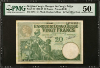 BELGIAN CONGO. Banque du Congo Belge. 20 Francs, 1929-37. P-10f. PMG About Uncirculated 50.
Without office overprint. Printed by BNB. Dated 15.9.37. ...
