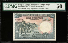 BELGIAN CONGO. Banque du Congo Belge. 10 Francs, 1944. P-14D. PMG About Uncirculated 50.
PMG comments "Closed Pinholes".
Estimate $125.00 - $250.00