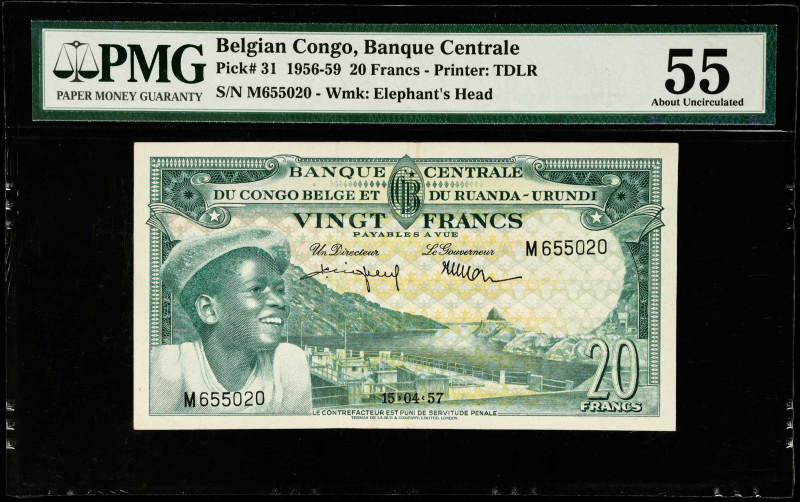 BELGIAN CONGO. Banque Centrale. 20 Francs, 1956-59. P-31. PMG About Uncirculated...