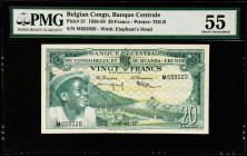 BELGIAN CONGO. Banque Centrale. 20 Francs, 1956-59. P-31. PMG About Uncirculated 55.
Estimate $100.00 - $150.00