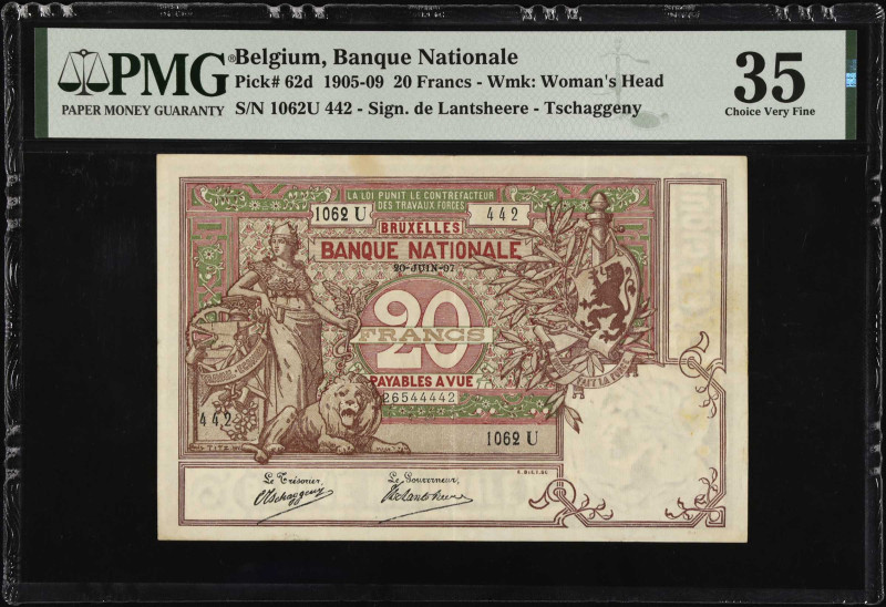 BELGIUM. Banque Nationale. 20 Francs, 1905-09. P-62d. PMG Choice Very Fine 35.
...