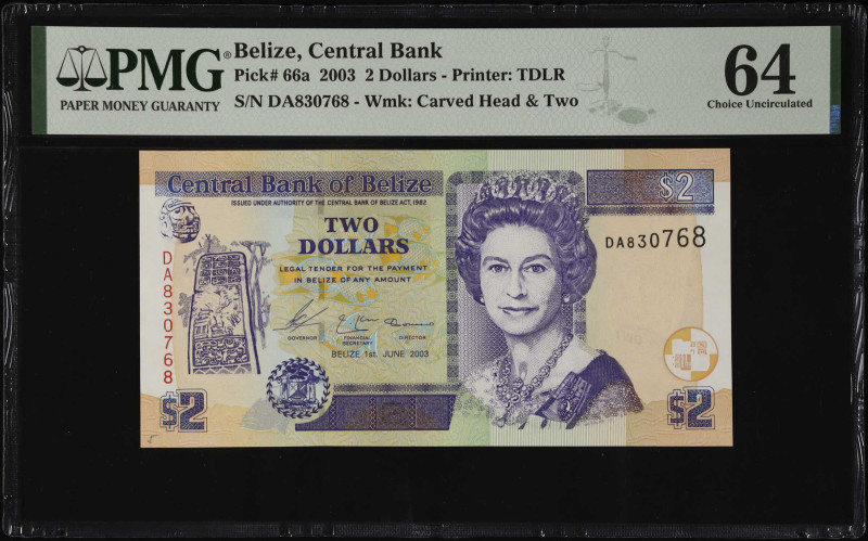 BELIZE. Central Bank of Belize. 2 Dollars, 2003. P-66a. PMG Choice Uncirculated ...
