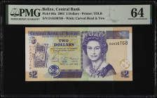 BELIZE. Central Bank of Belize. 2 Dollars, 2003. P-66a. PMG Choice Uncirculated 64.
PMG comments "Annotation".
Estimate $50.00 - $100.00