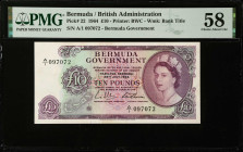 BERMUDA. Bermuda Government. 10 Pounds, 1964. P-22. PMG Choice About Uncirculated 58.
Estimate $1500.00 - $2000.00