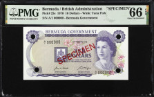 BERMUDA. Government. 10 Dollars, 6.2.1970. P-25s. Specimen. PCGS Currency Gem New 66 PPQ.
Hole Punch Cancelled. Red specimen overprint on bright pape...