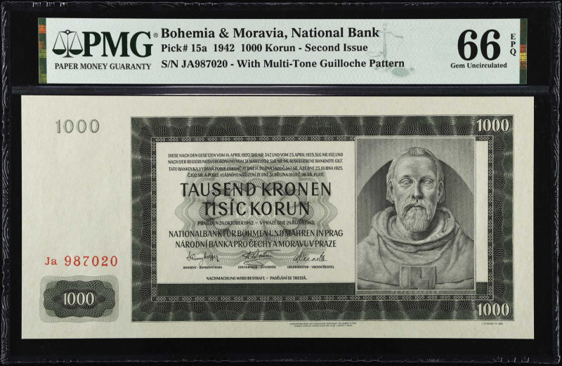 BOHEMIA & MORAVIA. National Bank. 1000 Korun, 1942. P-15a. PMG Gem Uncirculated ...