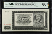 BOHEMIA & MORAVIA. National Bank. 1000 Korun, 1942. P-15a. PMG Gem Uncirculated 66 EPQ.
Estimate $150.00 - $250.00