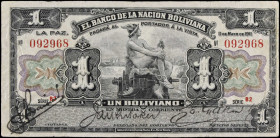 BOLIVIA. El Banco de la Nacion Boliviana. 1 Boliviano, 1911. P-102b(2). Fine.
Estimate $25.00 - $50.00