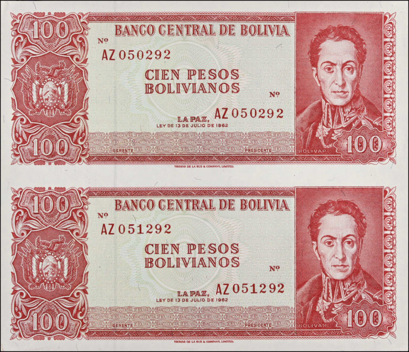 BOLIVIA. Banco Central de Bolivia. 100 Pesos Bolivianos, 1962. P-163. Uncut Pair...