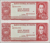BOLIVIA. Banco Central de Bolivia. 100 Pesos Bolivianos, 1962. P-163. Uncut Pair. Remainders. About Uncirculated.
Estimate $50.00 - $100.00