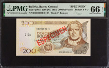 BOLIVIA. Banco Central de Bolivia. 20 Bolivianos, 1986 (ND 1997). P-208bs. Specimen. PMG Gem Uncirculated 66 EPQ.
Estimate $100.00 - $150.00