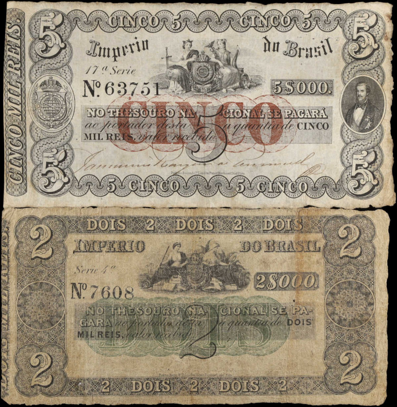 BRAZIL. Lot of (2). Thesouro Nacional. 2 & 5 Mil Reis, ND (1852-1867). P-A229 & ...