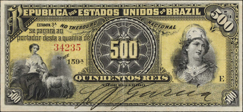 BRAZIL. Thesouro Nacional. 500 Reis, ND (1891). P-1a. Very Fine.
Estimate $100....