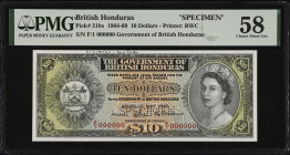 BRITISH HONDURAS. The Government of British Honduras. 10 Dollars, 1964-69. P-31bs. Specimen. PMG Choice About Uncirculated 58.
PMG comments "Printer'...