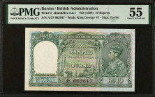 BURMA. Reserve Bank of India. 10 Rupees, ND (1938). P-5. PMG About Uncirculated 55.
PMG comments "Staple Holes at Issue, Minor Rust".
Estimate $300....