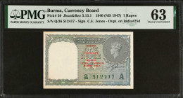 BURMA. Burma Currency Board. 1 Rupee, 1940 (ND 1947). P-30. PMG Choice Uncirculated 63.
PMG comments "Minor Stains".
Estimate $100.00 - $200.00