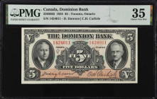 CANADA. Dominion Bank. 5 Dollars, 1935. CH #220-26-02. PMG Choice Very Fine 35.
Estimate $250.00 - $500.00
