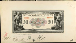 CANADA. The Canadian Bank of Commerce. 50 Dollars, 1917. P-Unlisted. Proof. About Uncirculated.
A popular design type, offered here in approval proof...