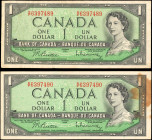CANADA. Lot of (2). Bank of Canada. 1 Dollar, 1954. P-74b. Consecutive. Fine.
A duo of consecutive 1 Dollar notes. Heavy staining is found on the tra...