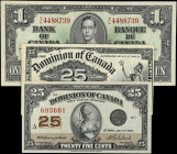CANADA. Lot of (3). Mixed Banks. 25 Cents & 1 Dollar, 1900-37. P-P-58d, DC-15b & DC-24d. Very Fine to Extremely Fine.
Estimate $125.00 - $250.00