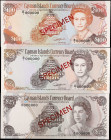 CAYMAN ISLANDS. Lot of (3). Cayman Islands Currency Board. 25 & 100 Dollars, 1974-91. P-8s, 14s & 15s. Specimens. About Uncirculated to Uncirculated....