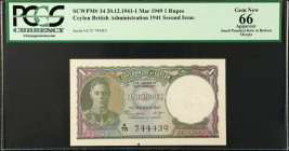 CEYLON. Government of Ceylon. 1 Rupee, 1941-49. P-34. PCGS Currency Gem New 66 Apparent. Small Punched Hole in Bottom Margin.
Dated March 1st, 1947. ...