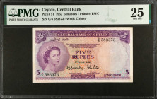 CEYLON. Central Bank of Ceylon. 5 Rupees, 1952. P-51. PMG Very Fine 25.
Estimate $150.00 - $250.00