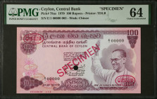 CEYLON. Central Bank of Ceylon. 100 Rupees, 1970. P-78as. Specimen. PMG Choice Uncirculated 64.
PMG comments "Previously Mounted".
Estimate $400.00 ...