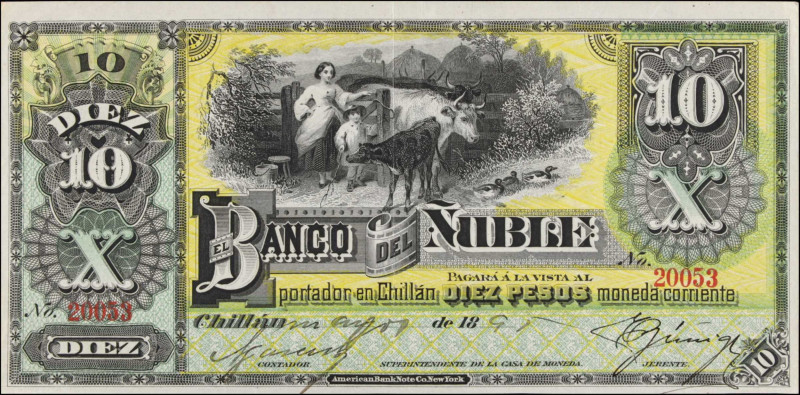 CHILE. El Banco del Nuble. 10 Pesos, 1895. P-S344. Very Fine.
Missing counterfo...