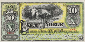 CHILE. El Banco del Nuble. 10 Pesos, 1895. P-S344. Very Fine.
Missing counterfoil. Small hole.
Estimate $200.00 - $400.00