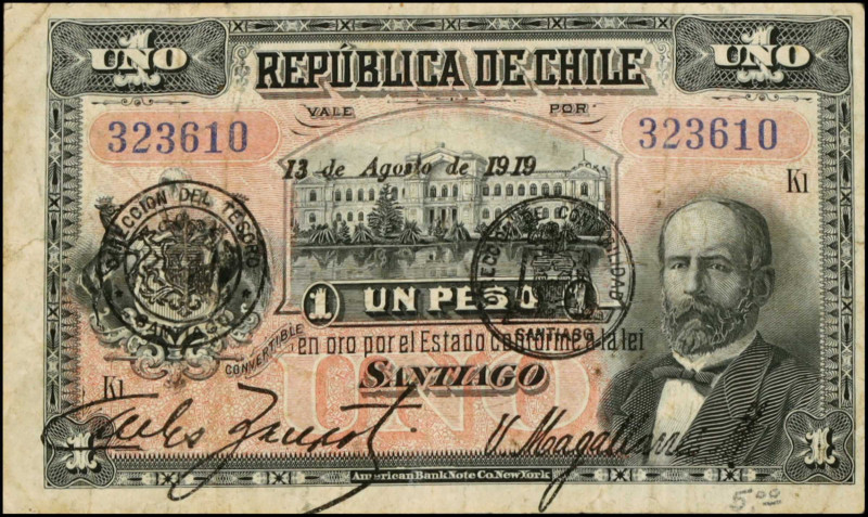 CHILE. Direccion del Tesoro. 1 Peso, 1911-19. P-15b. Very Fine.
Estimate $50.00...