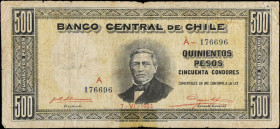 CHILE. Banco Central de Chile. 500 Pesos, 1933. P-97. Fine.
Tape repairs. Edge wear/damage.
Estimate $125.00 - $250.00