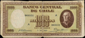 CHILE. Banco Central de Chile. 1000 Pesos, 1933. P-99. Very Good.
1933 date. Large tape repairs, tears, pinholes, missing paper. SOLD AS IS/NO RETURN...