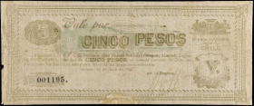 CHILE. The Nitrate Railways Company Limited. 5 Pesos, 1898. P-Unlisted. Fine.
Pieces added. Restorations. Edge damage. Pinholes.
Estimate $100.00 - ...
