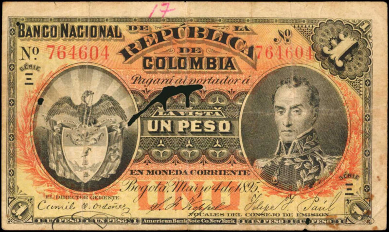 COLOMBIA. Republica de Colombia. 1 Peso, 1895. P-234. Very Fine.
}Holes, annota...