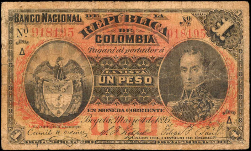 COLOMBIA. Republica de Colombia. 1 Peso, 1895. P-234. Fine.
Mostly just honest ...