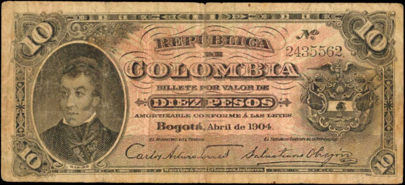 COLOMBIA. Republica de Colombia. 10 Pesos, 1904. P-312. Fine.
A Fine offering o...