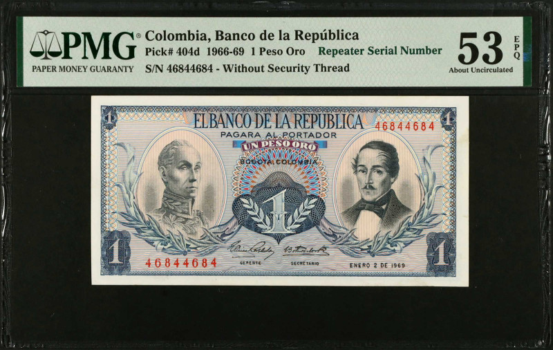 COLOMBIA. Banco de la Republica. 1 Peso Oro, 1966-69. P-404d. Repeater Serial Nu...